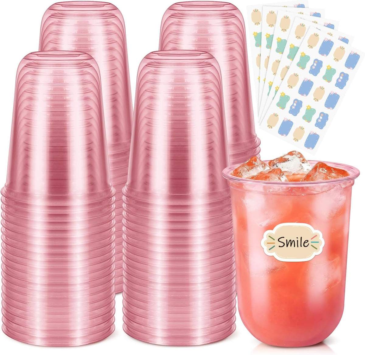 50 Pack 16 oz Clear Disposable Plastic Cups with Sticker Designs