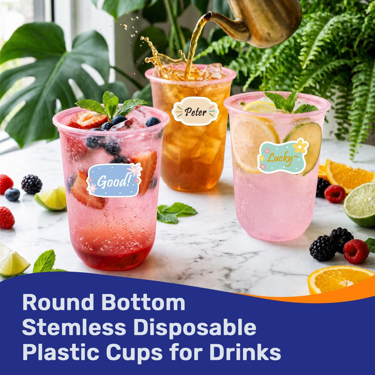 50 Pack 16 oz Clear Disposable Plastic Cups with Sticker Designs