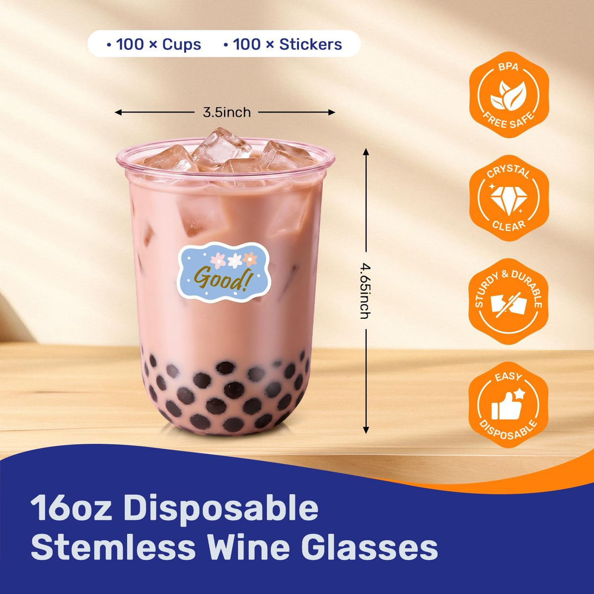 50 Pack 16 oz Clear Disposable Plastic Cups with Sticker Designs