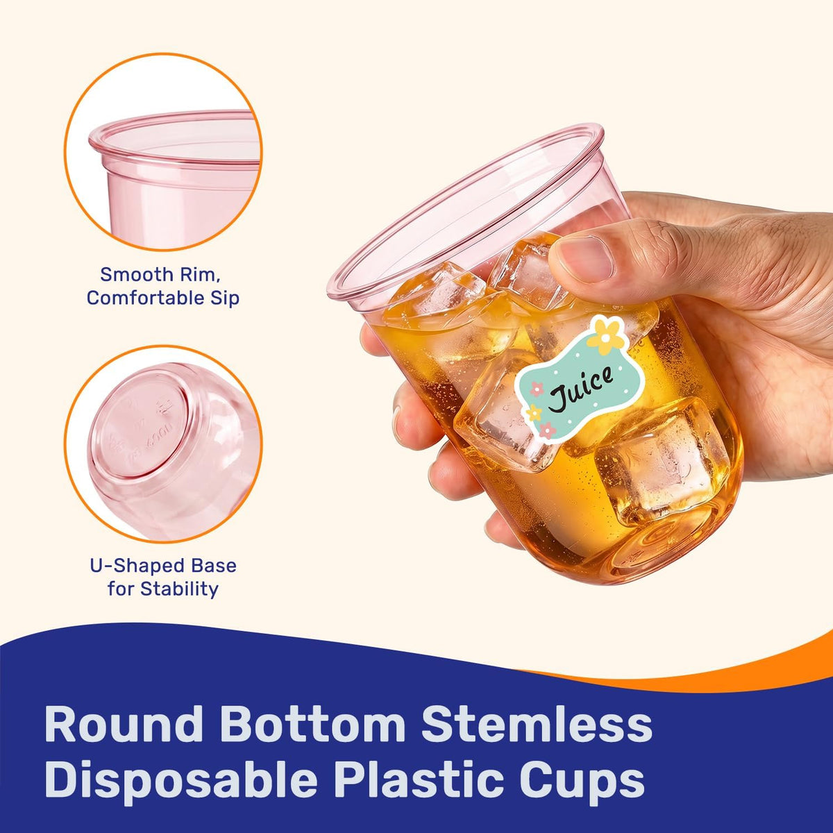 50 Pack 16 oz Clear Disposable Plastic Cups with Sticker Designs
