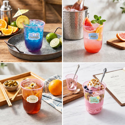 50 Pack 16 oz Clear Disposable Plastic Cups with Sticker Designs