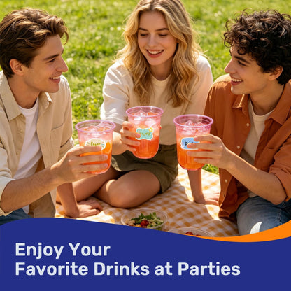 50 Pack 16 oz Clear Disposable Plastic Cups with Sticker Designs