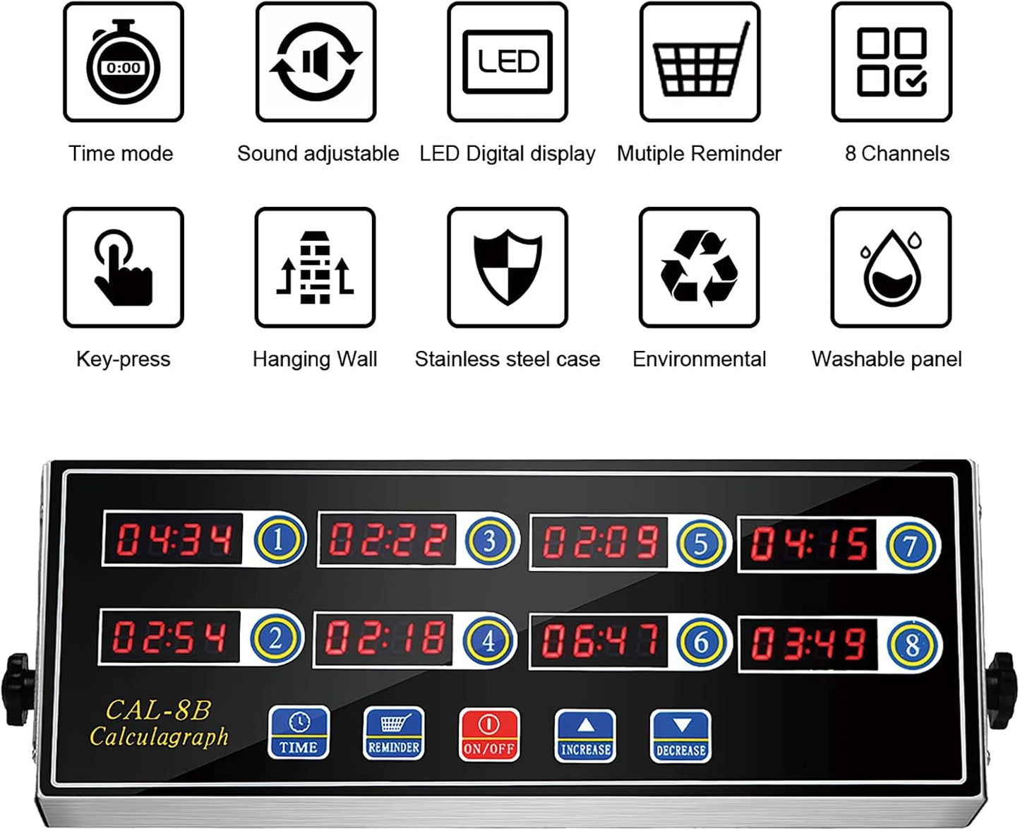 Kitchen Timers for Cooking, 8 Channel, Commercial Grade, Stainless Steel, LED Digital, Loud Alarm
