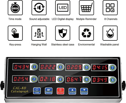 Kitchen Timers for Cooking, 8 Channel, Commercial Grade, Stainless Steel, LED Digital, Loud Alarm
