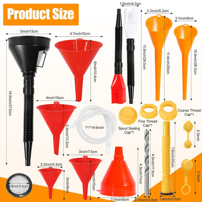 17 Pcs Automotive Funnel Set & Gas Can Spout Replacement, Plastic Long Neck Oil Funnel, Flexible Right Angle Funnels,Wide Mouth Fuel Funnels Gasoline Set for Water/Gasoline/Coolant/Engine Oil