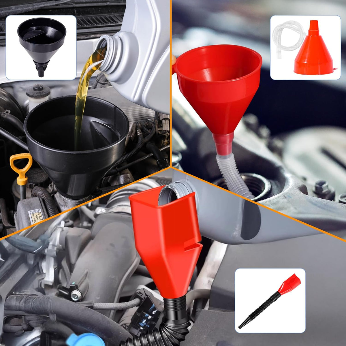17 Pcs Automotive Funnel Set & Gas Can Spout Replacement, Plastic Long Neck Oil Funnel, Flexible Right Angle Funnels,Wide Mouth Fuel Funnels Gasoline Set for Water/Gasoline/Coolant/Engine Oil