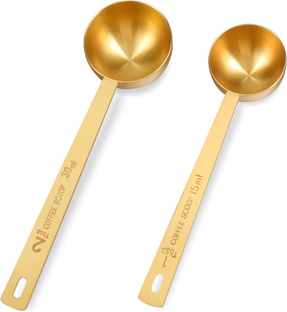 2 PCS Gold Measuring Spoons, 15 Ml and 30 Ml Stainless Steel Coffee Spoons Set Coffee Scoop for Ground Coffees, Long Handle Tablespoon Measuring Spoon for Milk Sugar Protein Brewin Gold Tea Spoon