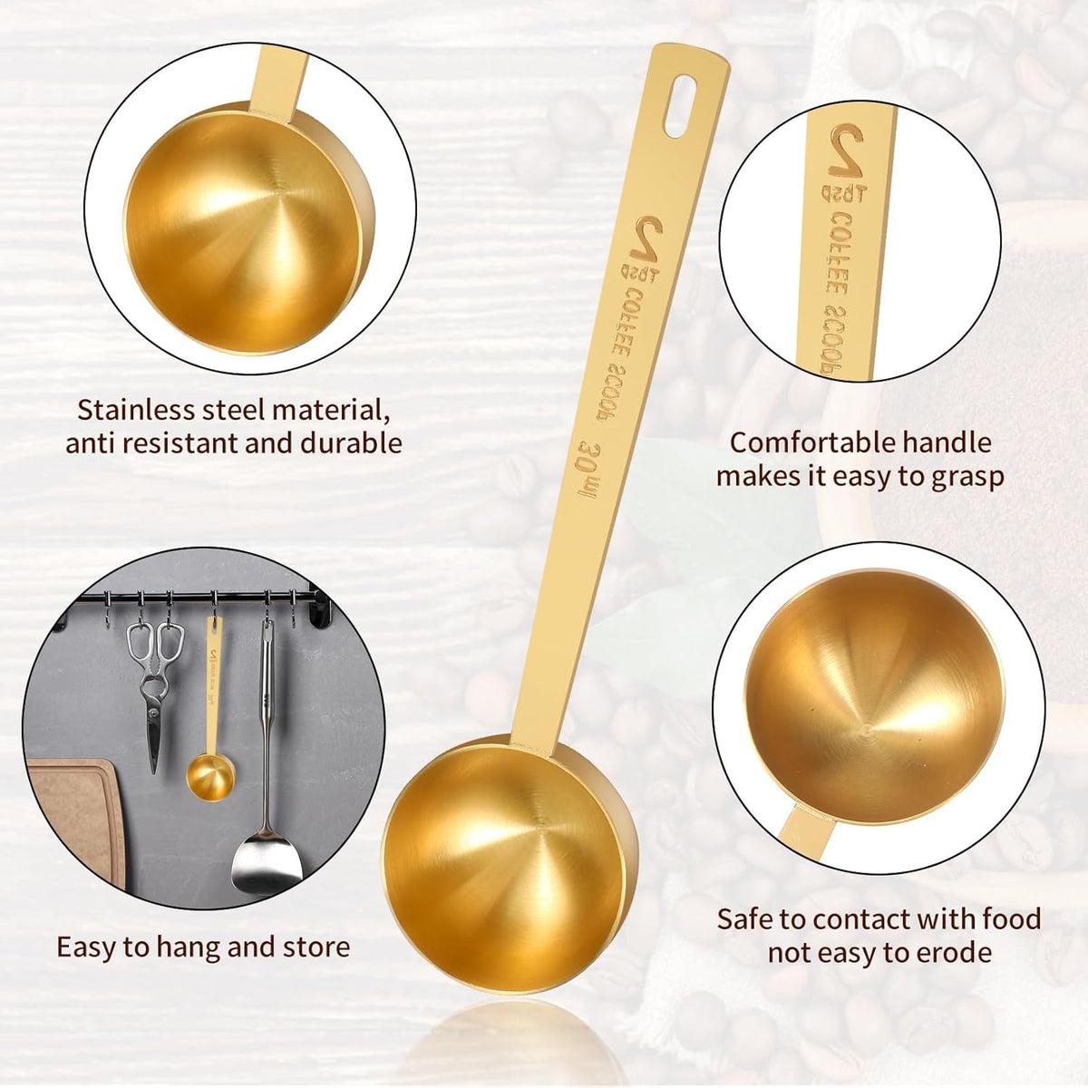 2 PCS Gold Measuring Spoons, 15 Ml and 30 Ml Stainless Steel Coffee Spoons Set Coffee Scoop for Ground Coffees, Long Handle Tablespoon Measuring Spoon for Milk Sugar Protein Brewin Gold Tea Spoon