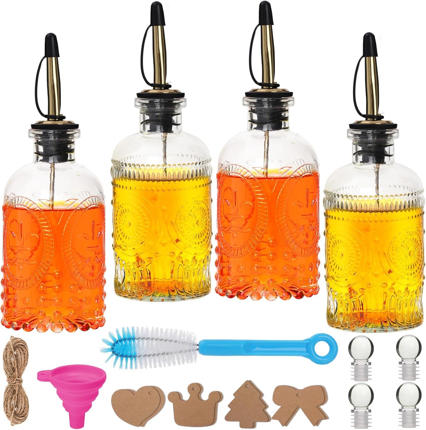 7oz Glass Syrup Bottles with Metal Pour Spout 4 Pack | Syrup Dispenser for Coffee, Maple & Simple Syrup - Includes Funnel, Brush, Stoppers & Labels
