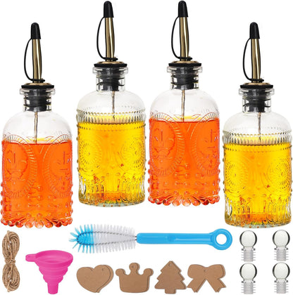 7oz Glass Syrup Bottles with Metal Pour Spout 4 Pack | Syrup Dispenser for Coffee, Maple & Simple Syrup - Includes Funnel, Brush, Stoppers & Labels
