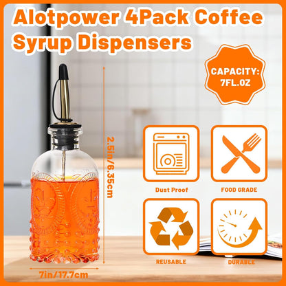 7oz Glass Syrup Bottles with Metal Pour Spout 4 Pack | Syrup Dispenser for Coffee, Maple & Simple Syrup - Includes Funnel, Brush, Stoppers & Labels