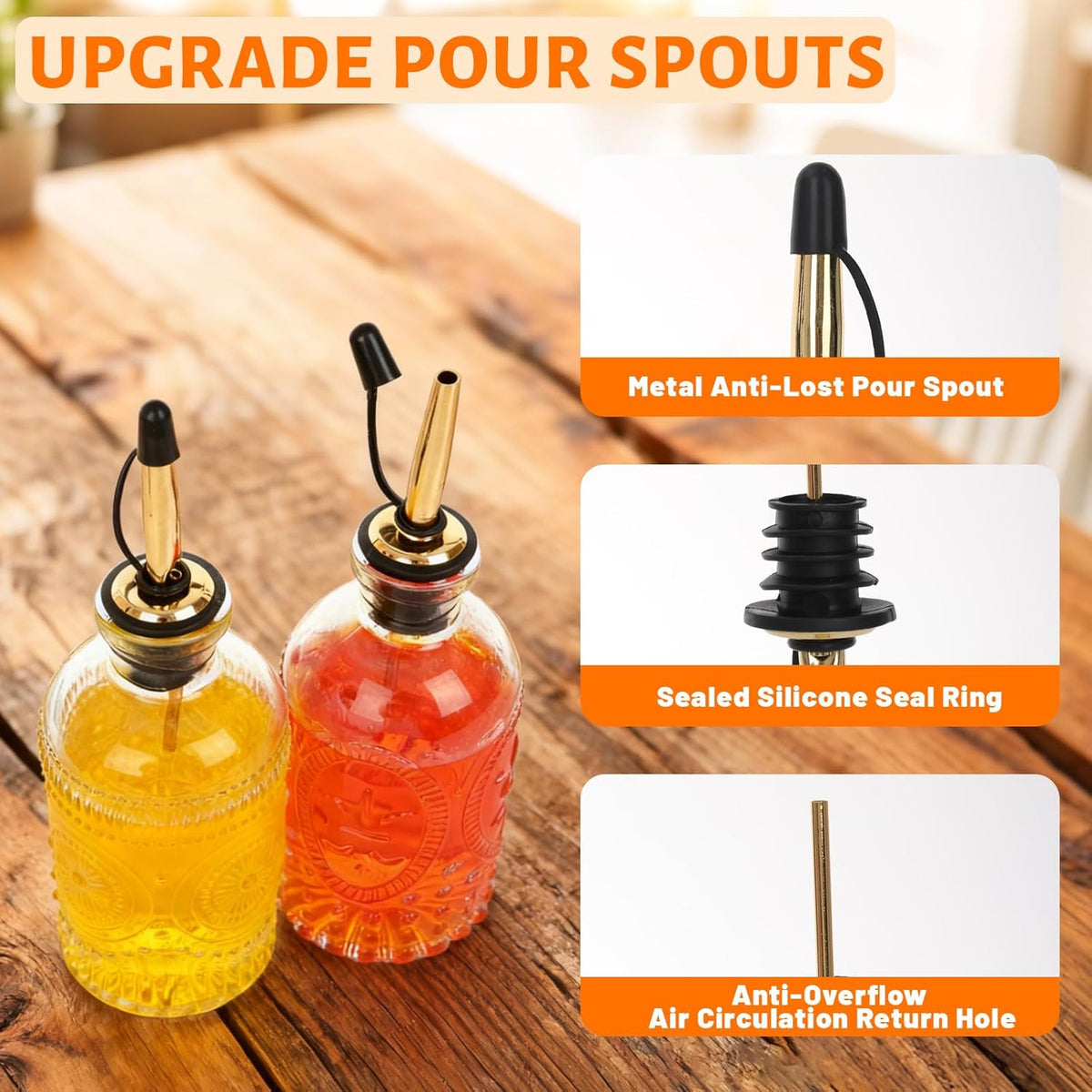 7oz Glass Syrup Bottles with Metal Pour Spout 4 Pack | Syrup Dispenser for Coffee, Maple & Simple Syrup - Includes Funnel, Brush, Stoppers & Labels