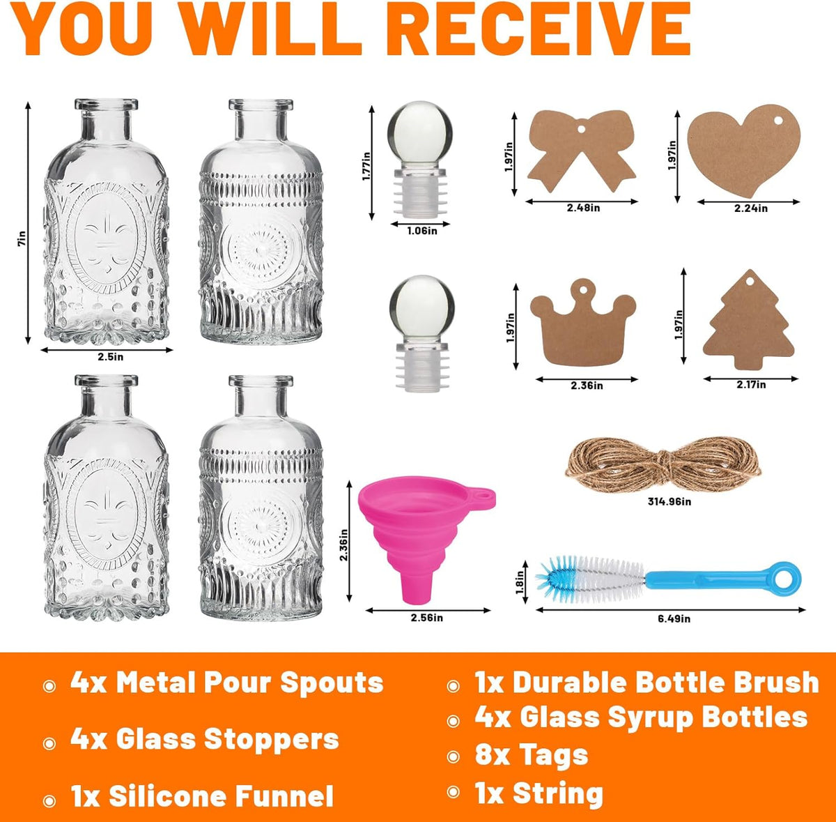 7oz Glass Syrup Bottles with Metal Pour Spout 4 Pack | Syrup Dispenser for Coffee, Maple & Simple Syrup - Includes Funnel, Brush, Stoppers & Labels