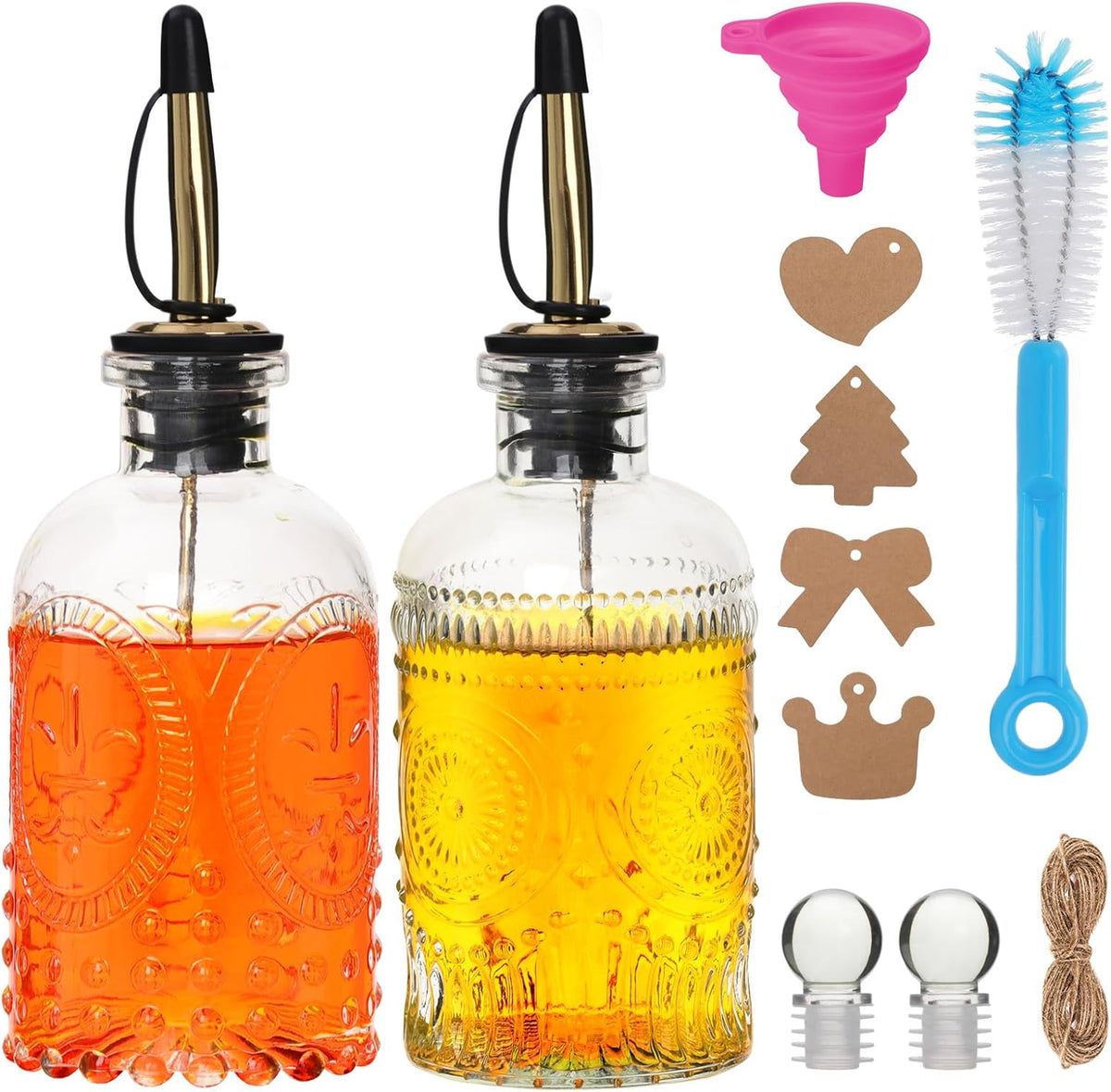 7oz Glass Syrup Bottles with Metal Pour Spout 4 Pack | Syrup Dispenser for Coffee, Maple & Simple Syrup - Includes Funnel, Brush, Stoppers & Labels