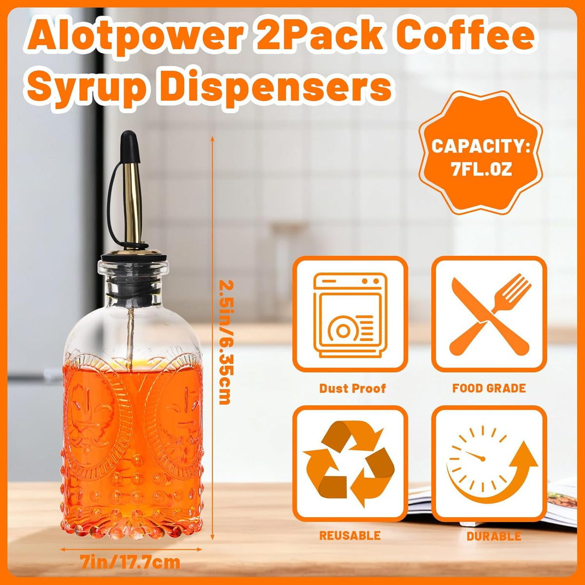 7oz Glass Syrup Bottles with Metal Pour Spout 4 Pack | Syrup Dispenser for Coffee, Maple & Simple Syrup - Includes Funnel, Brush, Stoppers & Labels