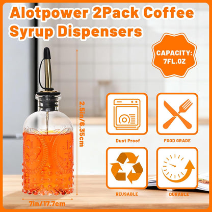 7oz Glass Syrup Bottles with Metal Pour Spout 4 Pack | Syrup Dispenser for Coffee, Maple & Simple Syrup - Includes Funnel, Brush, Stoppers & Labels