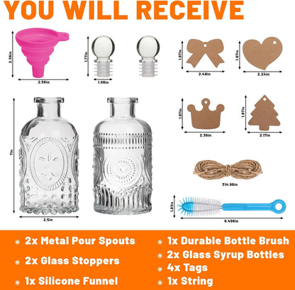 7oz Glass Syrup Bottles with Metal Pour Spout 4 Pack | Syrup Dispenser for Coffee, Maple & Simple Syrup - Includes Funnel, Brush, Stoppers & Labels