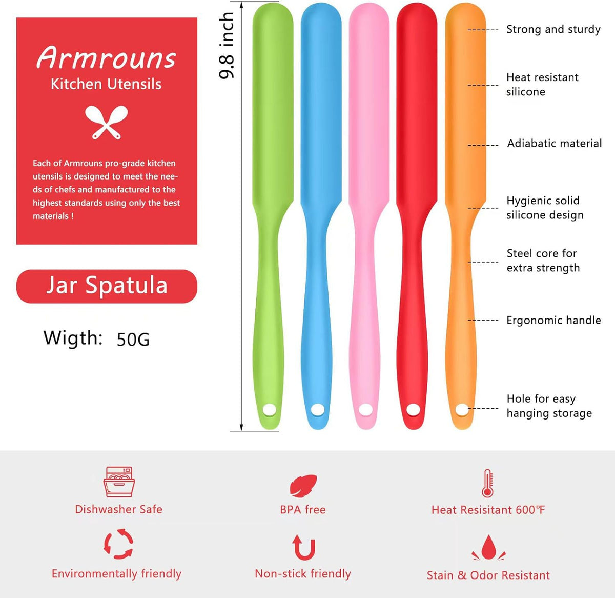 5pcs Silicone Jar Spatulas set, Cake Cream Spatulas Set, 9.8 inch Non-Stick Heat Resistant Mixing Butter Spatulas Baking Scrapers for Jars Blenders Cooking Stirring