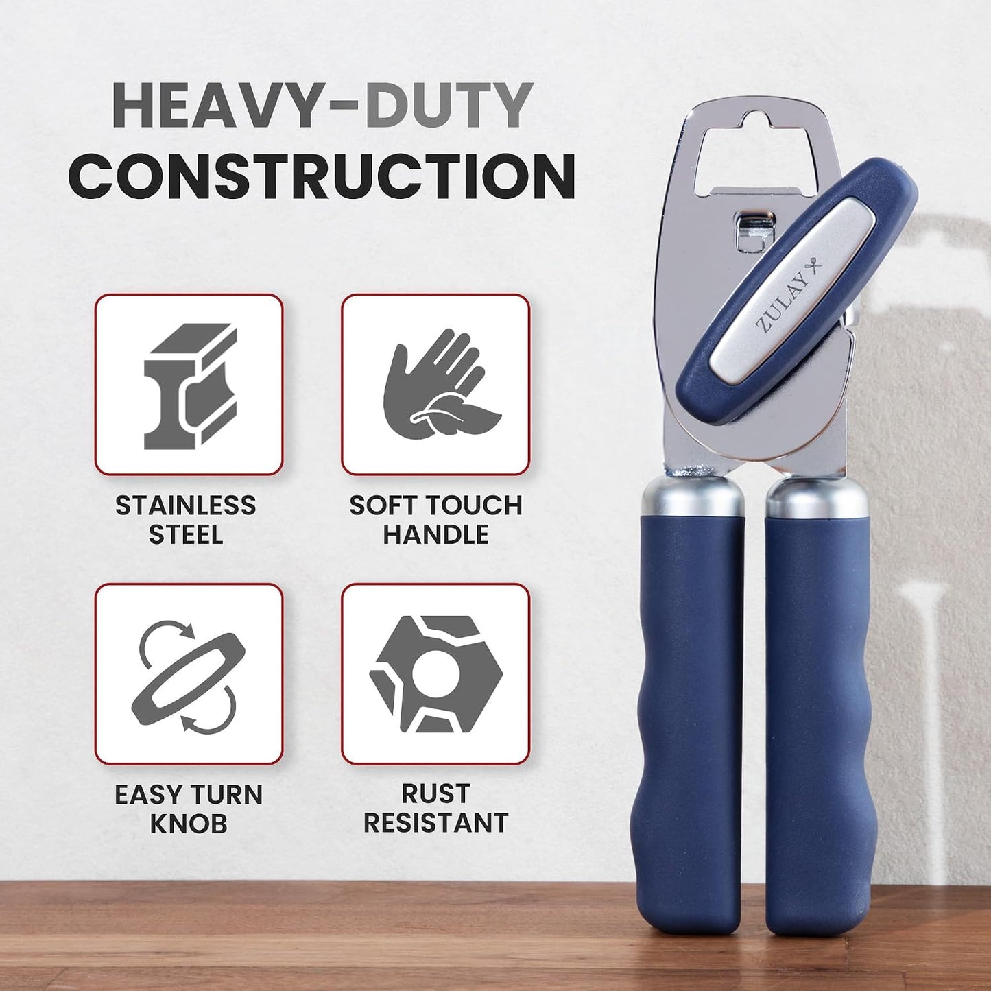 Heavy Duty Stainless Steel Can Opener Manual with Bottle Opener - Rust Proof Manual Can Opener With Turn Knob & Comfy Soft Grip Handles - Black - Colors A