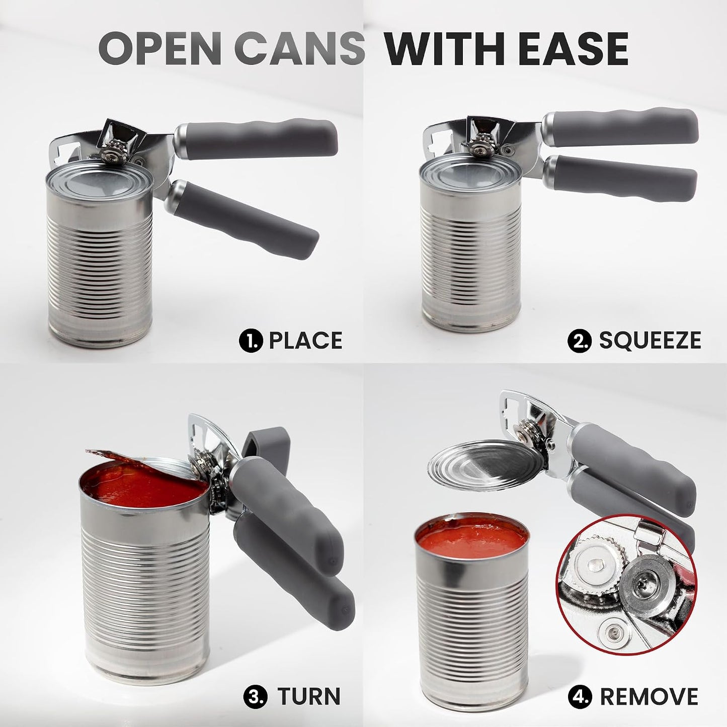 Heavy Duty Stainless Steel Can Opener Manual with Bottle Opener - Rust Proof Manual Can Opener With Turn Knob & Comfy Soft Grip Handles - Black - Colors A
