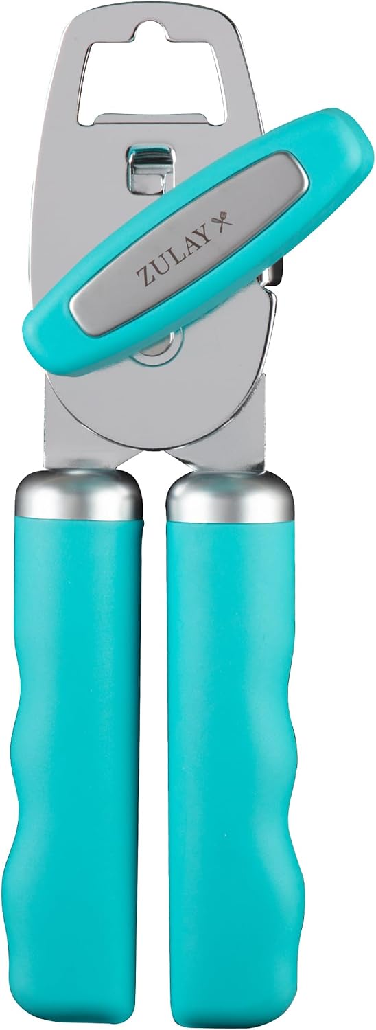 Heavy Duty Stainless Steel Can Opener Manual with Bottle Opener - Rust Proof Manual Can Opener With Turn Knob & Comfy Soft Grip Handles - Black - Colors A