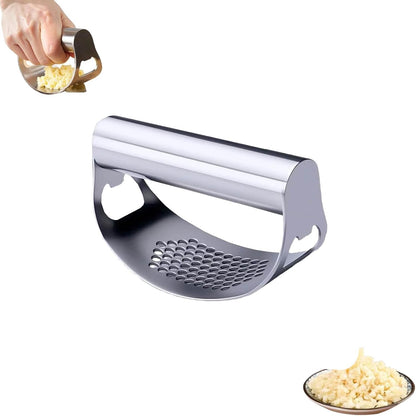 Garlic Press Rocker, Stainless Steel Garlic Crusher Portable Manual Heavy Duty Garlics Mincer, Garlics Chopper with Peeler & Scraper, Easy Kitchen Gadget for Effortless Smashing (Sliver)