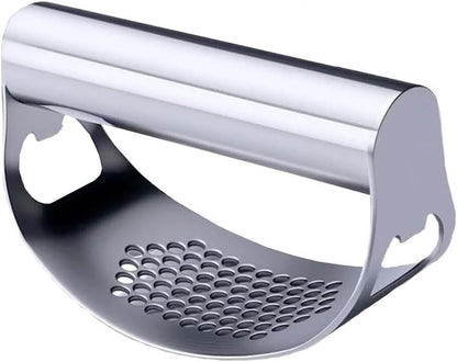 Garlic Press Rocker, Stainless Steel Garlic Crusher Portable Manual Heavy Duty Garlics Mincer, Garlics Chopper with Peeler & Scraper, Easy Kitchen Gadget for Effortless Smashing (Sliver)