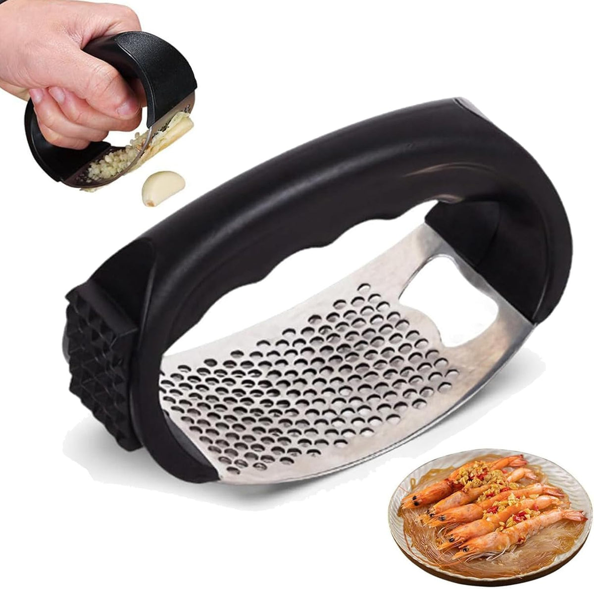 Garlic Press Rocker, Stainless Steel Garlic Crusher Portable Manual Heavy Duty Garlics Mincer, Garlics Chopper with Peeler & Scraper, Easy Kitchen Gadget for Effortless Smashing (Sliver)