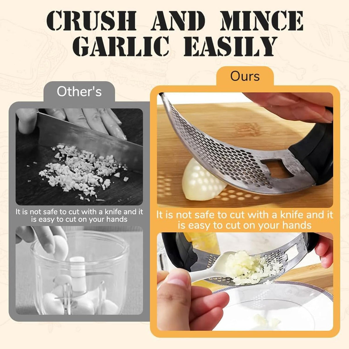 Garlic Press Rocker, Stainless Steel Garlic Crusher Portable Manual Heavy Duty Garlics Mincer, Garlics Chopper with Peeler & Scraper, Easy Kitchen Gadget for Effortless Smashing (Sliver)