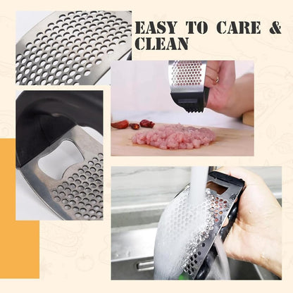 Garlic Press Rocker, Stainless Steel Garlic Crusher Portable Manual Heavy Duty Garlics Mincer, Garlics Chopper with Peeler & Scraper, Easy Kitchen Gadget for Effortless Smashing (Sliver)