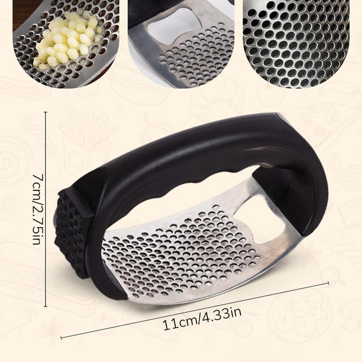Garlic Press Rocker, Stainless Steel Garlic Crusher Portable Manual Heavy Duty Garlics Mincer, Garlics Chopper with Peeler & Scraper, Easy Kitchen Gadget for Effortless Smashing (Sliver)