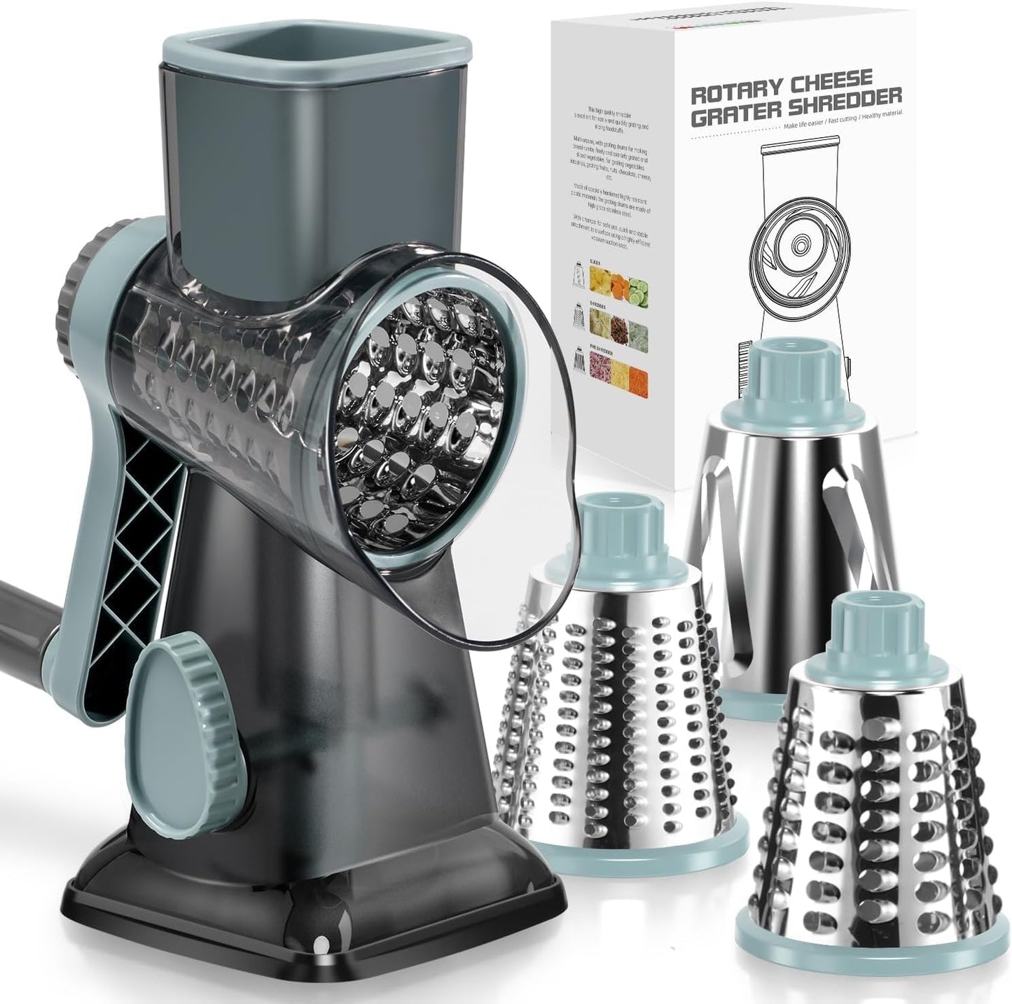 Rotary Cheese Grater Hand Crank Transparent - Shredder Slicer Grinder 3 Stainless Steel Blades, Stable Suction, Labor-Saving Handle, Safe Kitchen Tool for Cheese, Vegetable, Nuts, Chocolate
