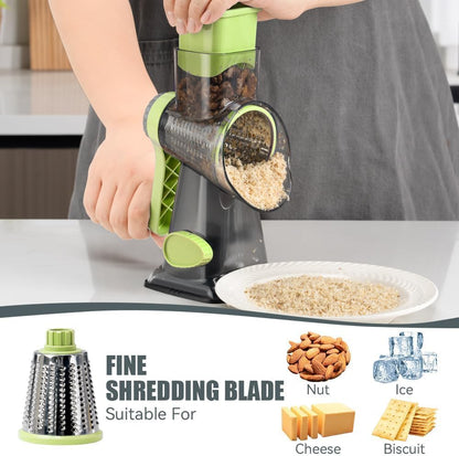 Rotary Cheese Grater Hand Crank Transparent - Shredder Slicer Grinder 3 Stainless Steel Blades, Stable Suction, Labor-Saving Handle, Safe Kitchen Tool for Cheese, Vegetable, Nuts, Chocolate