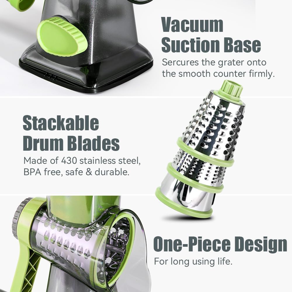Rotary Cheese Grater Hand Crank Transparent - Shredder Slicer Grinder 3 Stainless Steel Blades, Stable Suction, Labor-Saving Handle, Safe Kitchen Tool for Cheese, Vegetable, Nuts, Chocolate