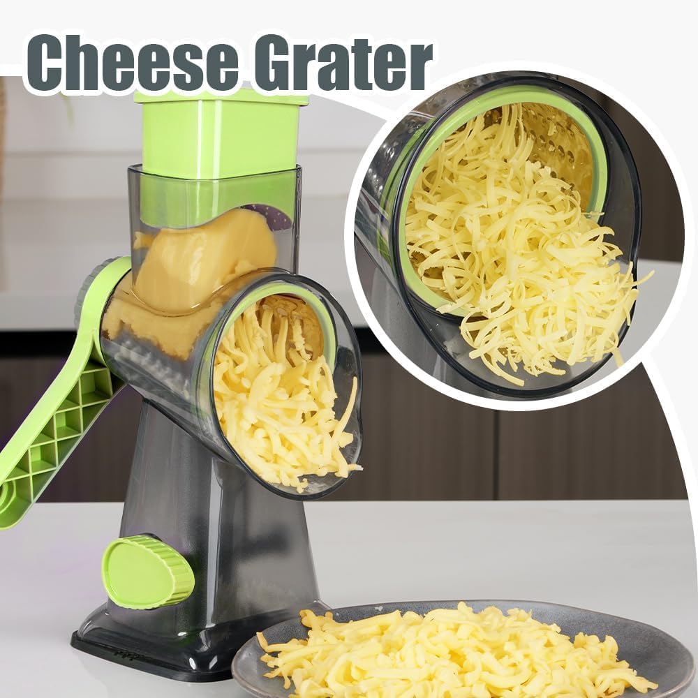 Rotary Cheese Grater Hand Crank Transparent - Shredder Slicer Grinder 3 Stainless Steel Blades, Stable Suction, Labor-Saving Handle, Safe Kitchen Tool for Cheese, Vegetable, Nuts, Chocolate