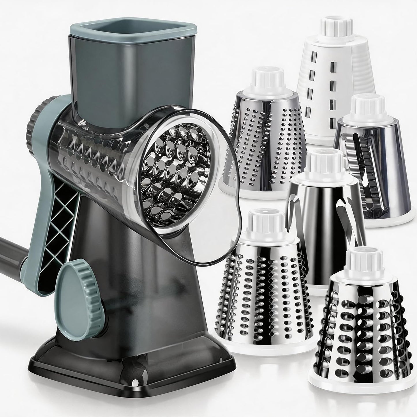 Rotary Cheese Grater Hand Crank Transparent - Shredder Slicer Grinder 3 Stainless Steel Blades, Stable Suction, Labor-Saving Handle, Safe Kitchen Tool for Cheese, Vegetable, Nuts, Chocolate