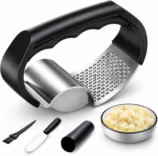 Garlic Press Rocker - Stainless Steel Garlic Crusher, 2-in-1 Easy Kitchen Gadget for Effortless Smashing