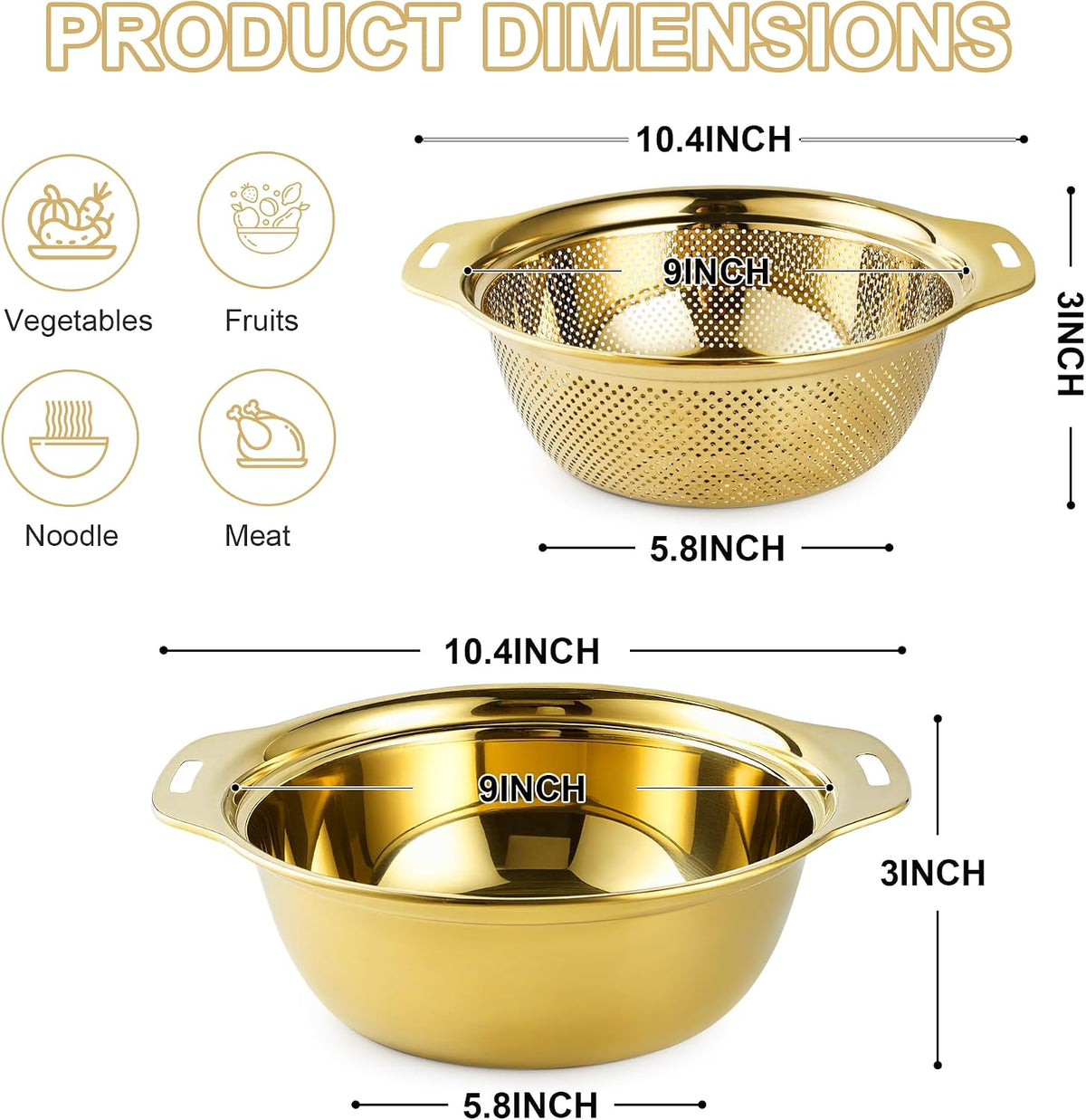 Colander Stainless Steel 3-quart with Bowls,Strainer for Kitchen(2PC)