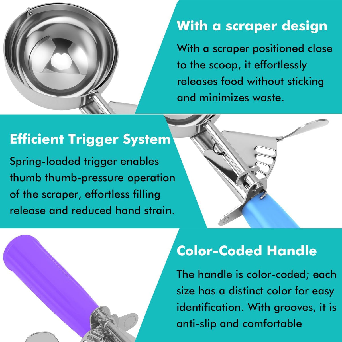 Ice Cream Scoop With Trigger, Cookie Scoop Set, Incluede 1.2 OZ/ 2 OZ/ 4 OZ Scoop, Portion Control For Cookie Dough, Ice Cream, Cupcake, Muffin, Mashed Potatoes, Side Dish, Pancake