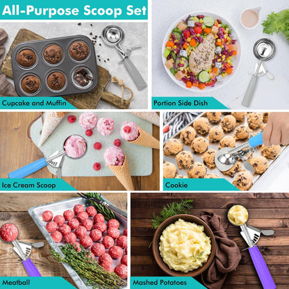 Ice Cream Scoop With Trigger, Cookie Scoop Set, Incluede 1.2 OZ/ 2 OZ/ 4 OZ Scoop, Portion Control For Cookie Dough, Ice Cream, Cupcake, Muffin, Mashed Potatoes, Side Dish, Pancake