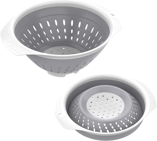 5 Quart Collapsible Colander，BPA Free，Dishwasher Safe，Silicone Food Strainer with Plastic Handles，Heavy Duty Foldable Heat Resistant Pasta and Veggies Kitchen Drainer Steam Basket，Gray