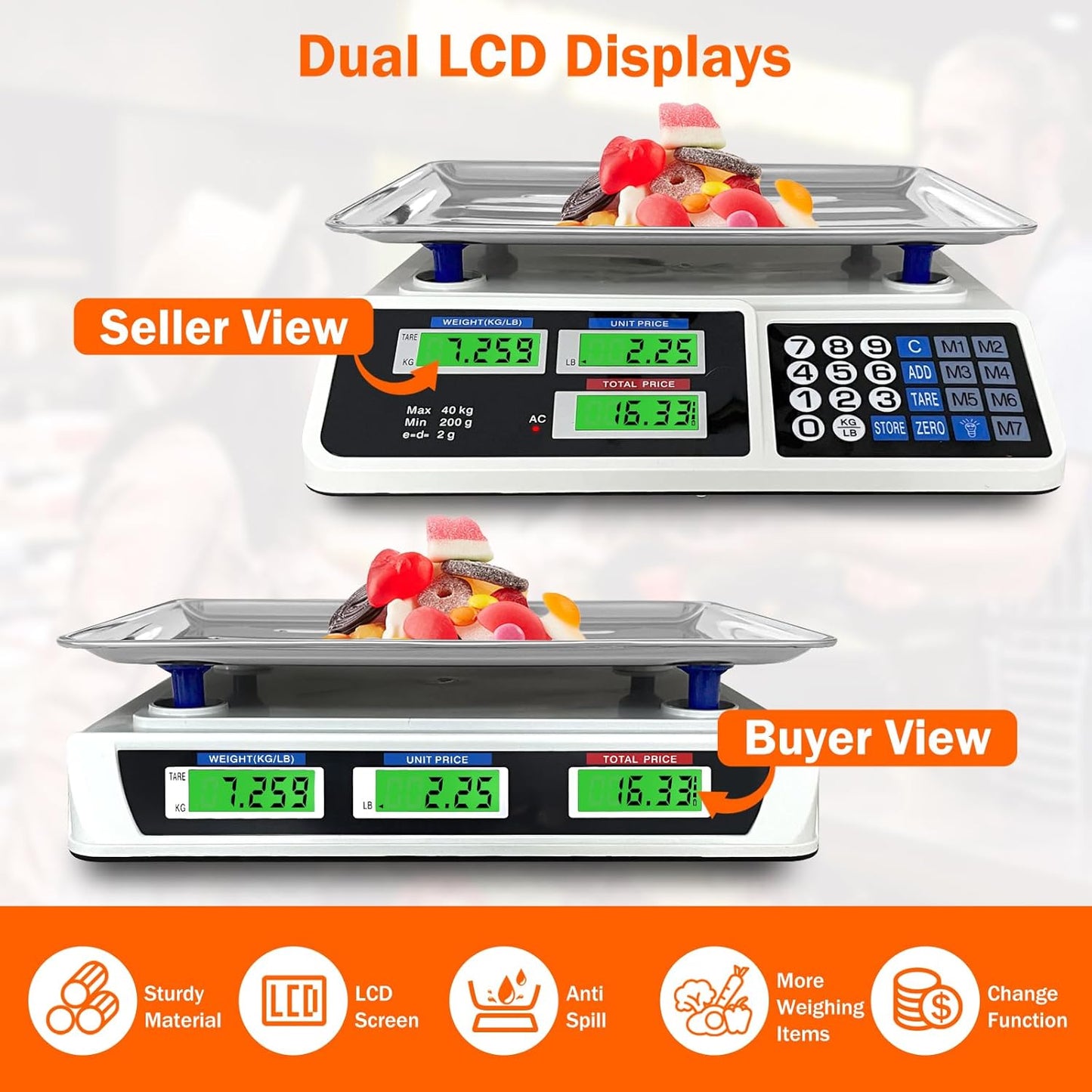 88lb/40kg Price Computing Scale, Digital Price Computing Scale with Stainless Steel Large Platform, Weight Food Kitchen Scale with Dual LCD Display for Farmers Market, Retail Outlets, Meat Shop, Deli