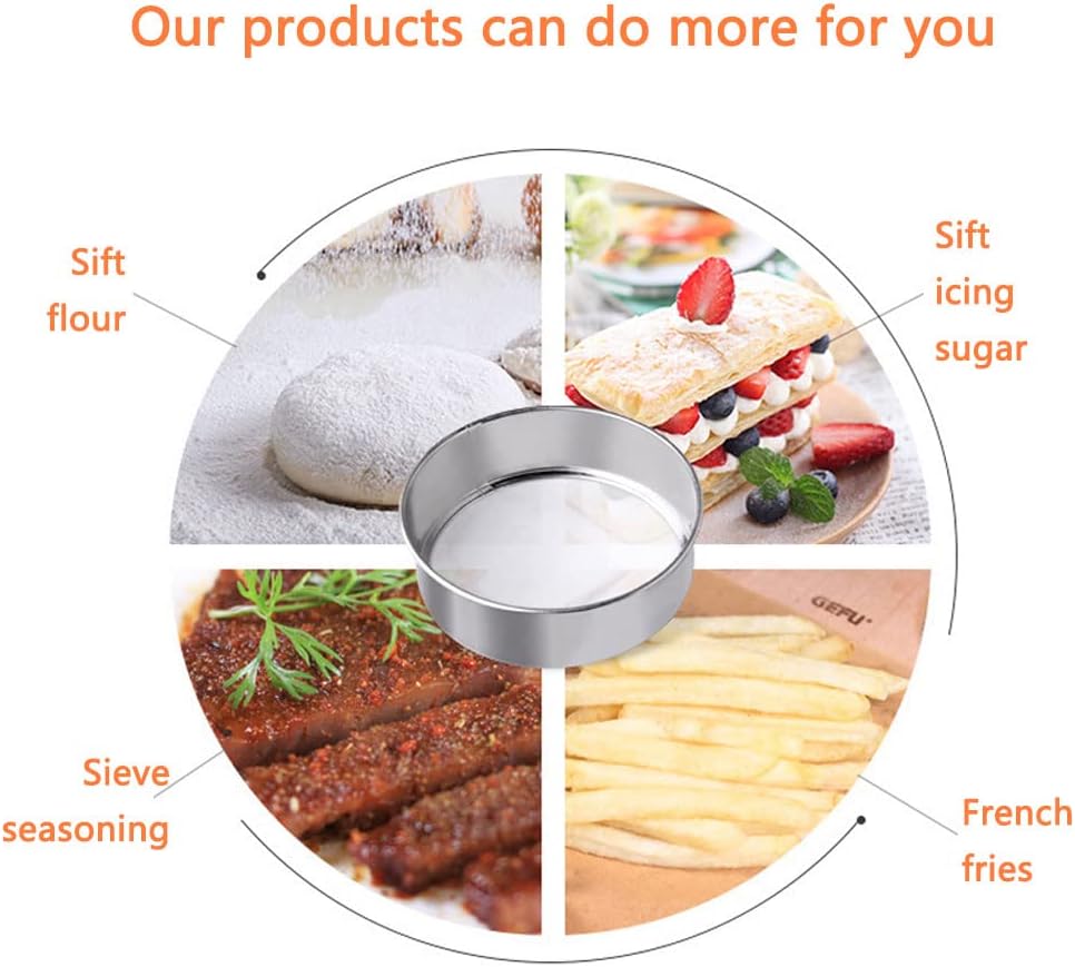 3 Pack Round Flour Sifter, Stainless Steel Fine Mesh Strainers Flour Sieve, 6 Inch and 8 Inch 40 Mesh 10 Inch 60 Mesh for Baking Straining Powdering Cake Bread Pies Pastries Muffin Cake