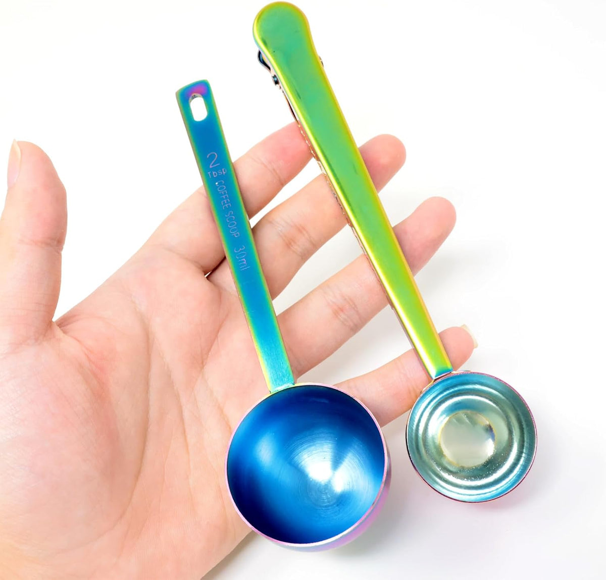 1Set Rainbow Coffee Scoop 1 Tablespoon 2 Tablespoon Stainless Steel Long Handles Round Measuring Coffee Spoons with Clip for Coffee Bean Tea Powder Baking