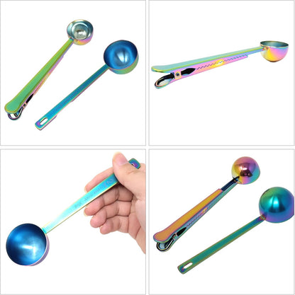 1Set Rainbow Coffee Scoop 1 Tablespoon 2 Tablespoon Stainless Steel Long Handles Round Measuring Coffee Spoons with Clip for Coffee Bean Tea Powder Baking