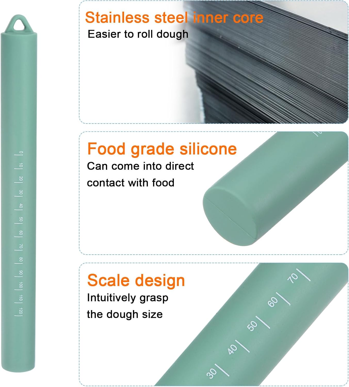 Silicone Rolling Pin 10" Silicone Surface Non-Stick Stainless Steel Inner Core Dough Roller Kitchen Roller for Baking Pastry Pizza Fondant Bread, Green