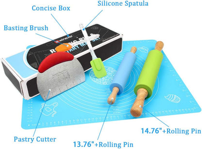 1Set Rolling Pin Pastry Mat Set Non-Stick 6 in 1 Dough Roller Baking Kit with Pastry Cutter Reusable Kneading Mat Scraper Basting Brush