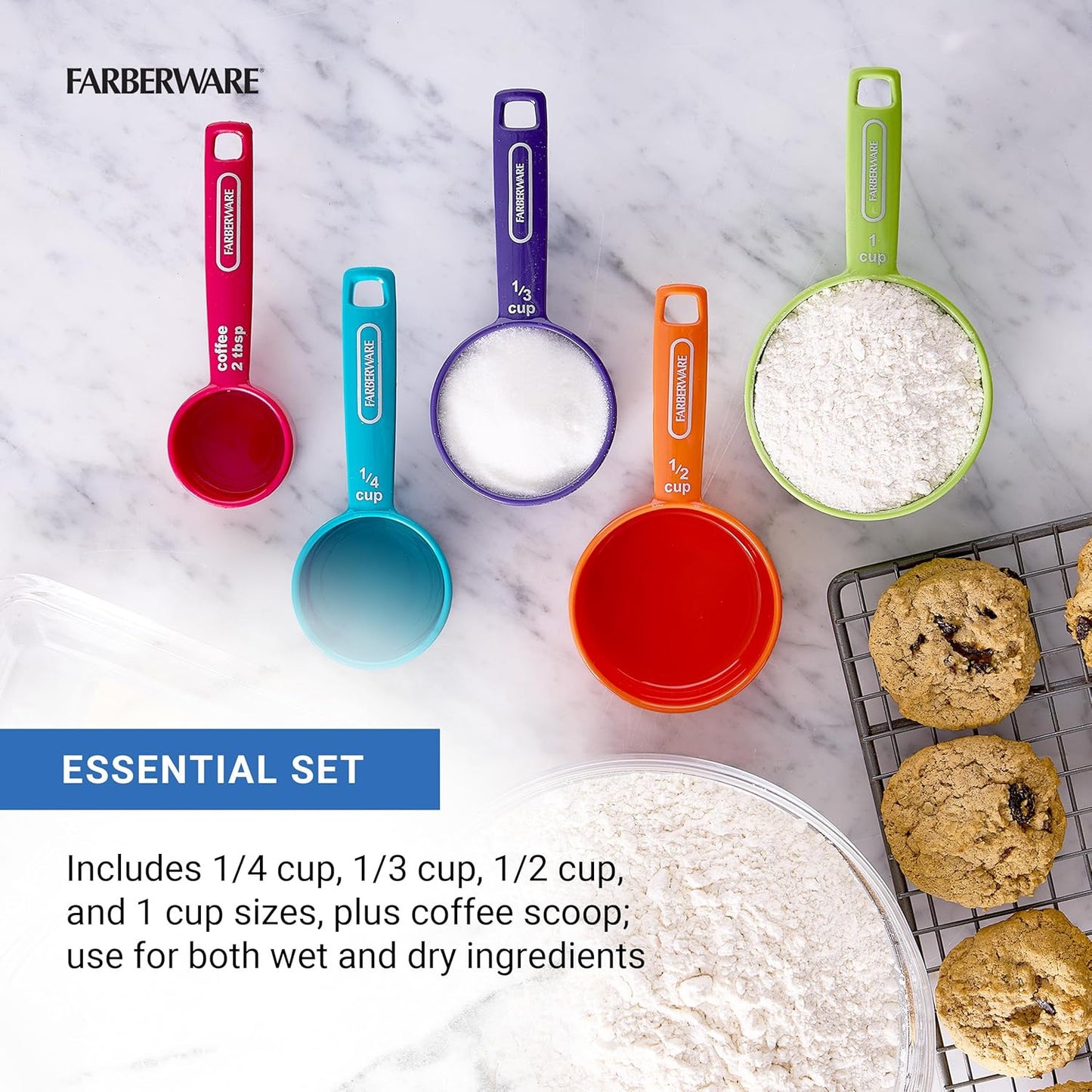 5-Piece Measuring Cup Set with Coffee Scoop, Durable Plastic Nesting Measuring Cups with Easy-Read Markings, BPA-Free, Dishwasher Safe