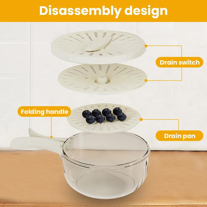 Multifunctional Fruit and Vegetable Washing Bowl, 2025 Upgraded Fruit Drainer Container with Handle and Cover, 2 in 1 Drainer, Bilayer Collapsible Fruit Washing Basket (Brown)