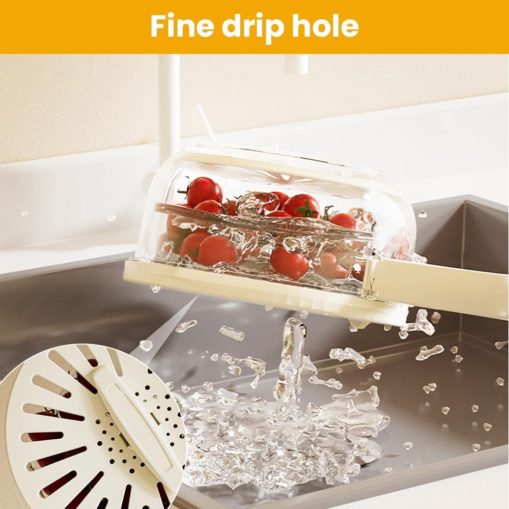 Multifunctional Fruit and Vegetable Washing Bowl, 2025 Upgraded Fruit Drainer Container with Handle and Cover, 2 in 1 Drainer, Bilayer Collapsible Fruit Washing Basket (Brown)